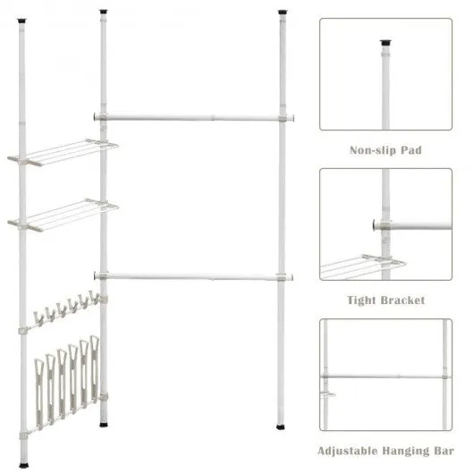 2 Tier Telescopic Clothes Hangers with Shoe Rack & Shelf