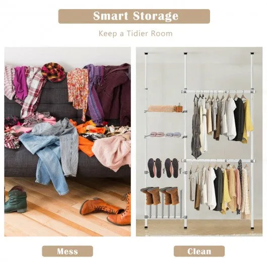 2 Tier Telescopic Clothes Hangers with Shoe Rack & Shelf