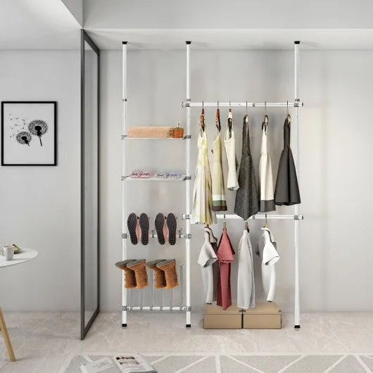 2 Tier Telescopic Clothes Hangers with Shoe Rack & Shelf