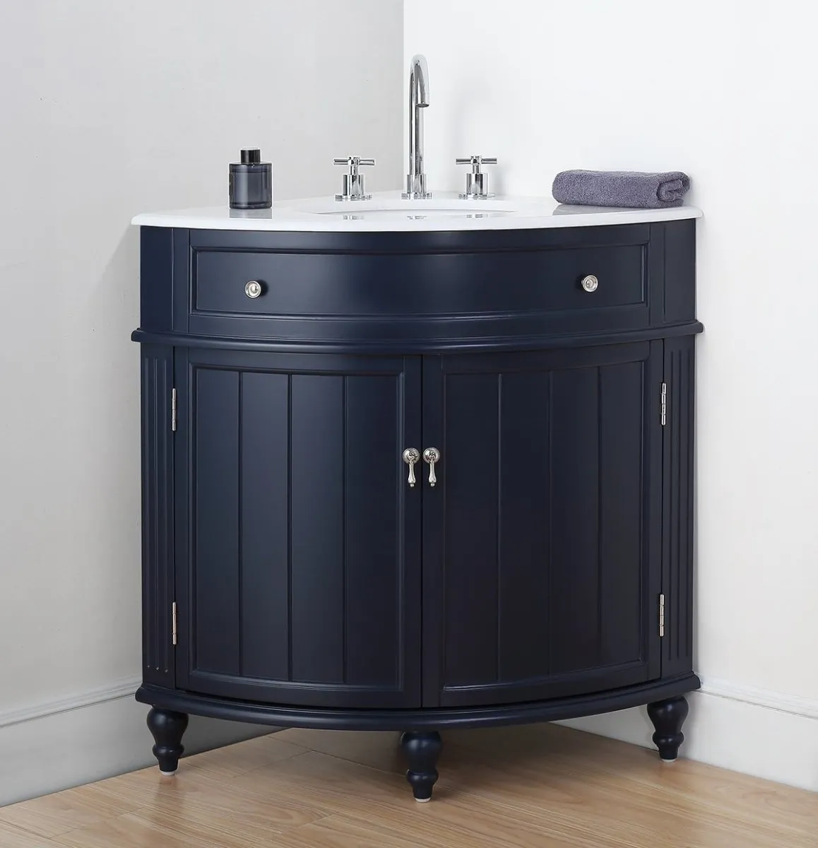 24 Inch Triadsville Navy Blue Corner Design Bathroom Vanity With Quartz Top