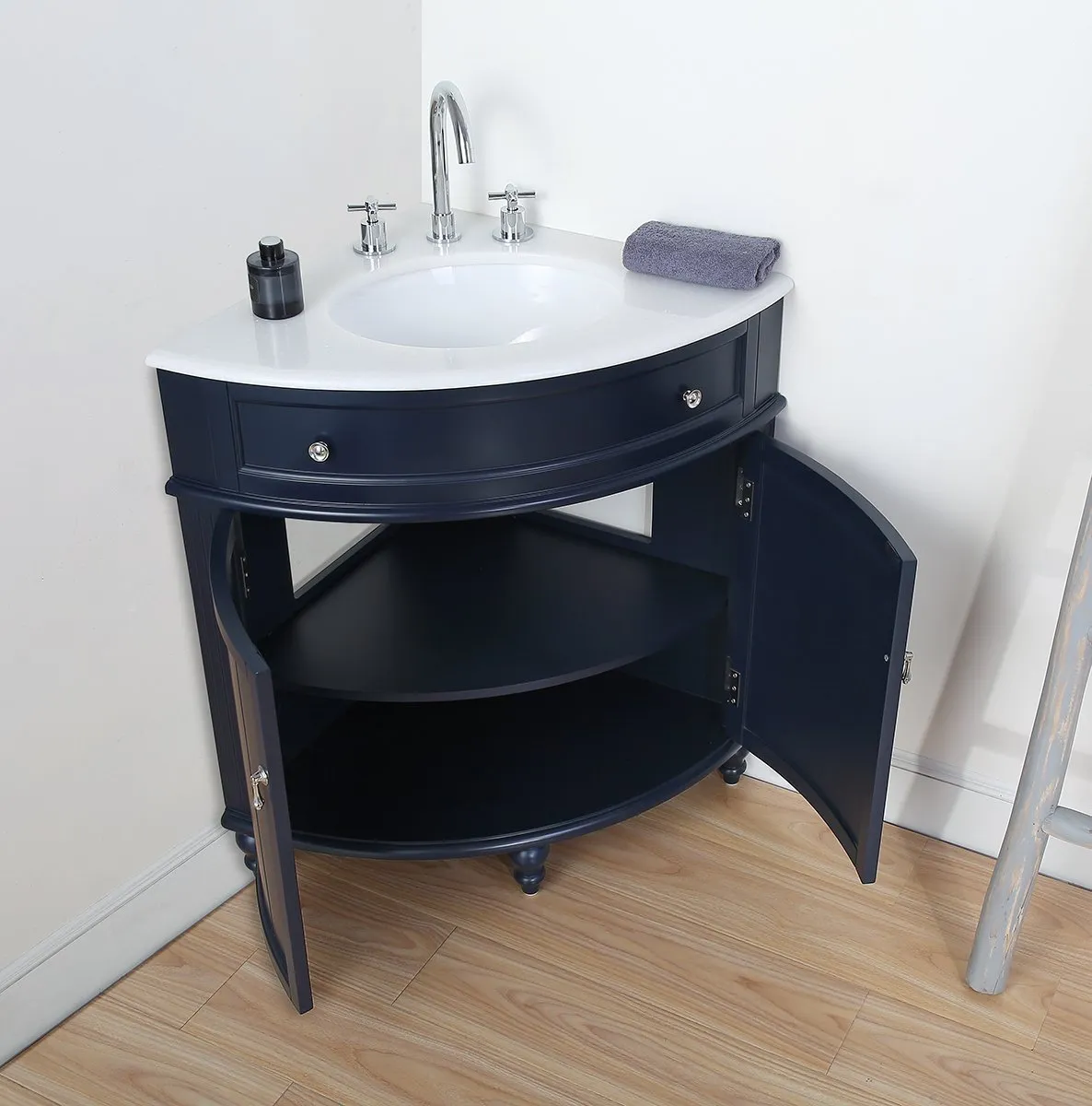 24 Inch Triadsville Navy Blue Corner Design Bathroom Vanity With Quartz Top