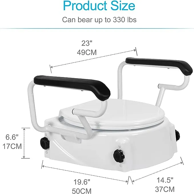 Adjustable Toilet Seat Riser with Flip Handles, Raised Safety Seat for Elderly