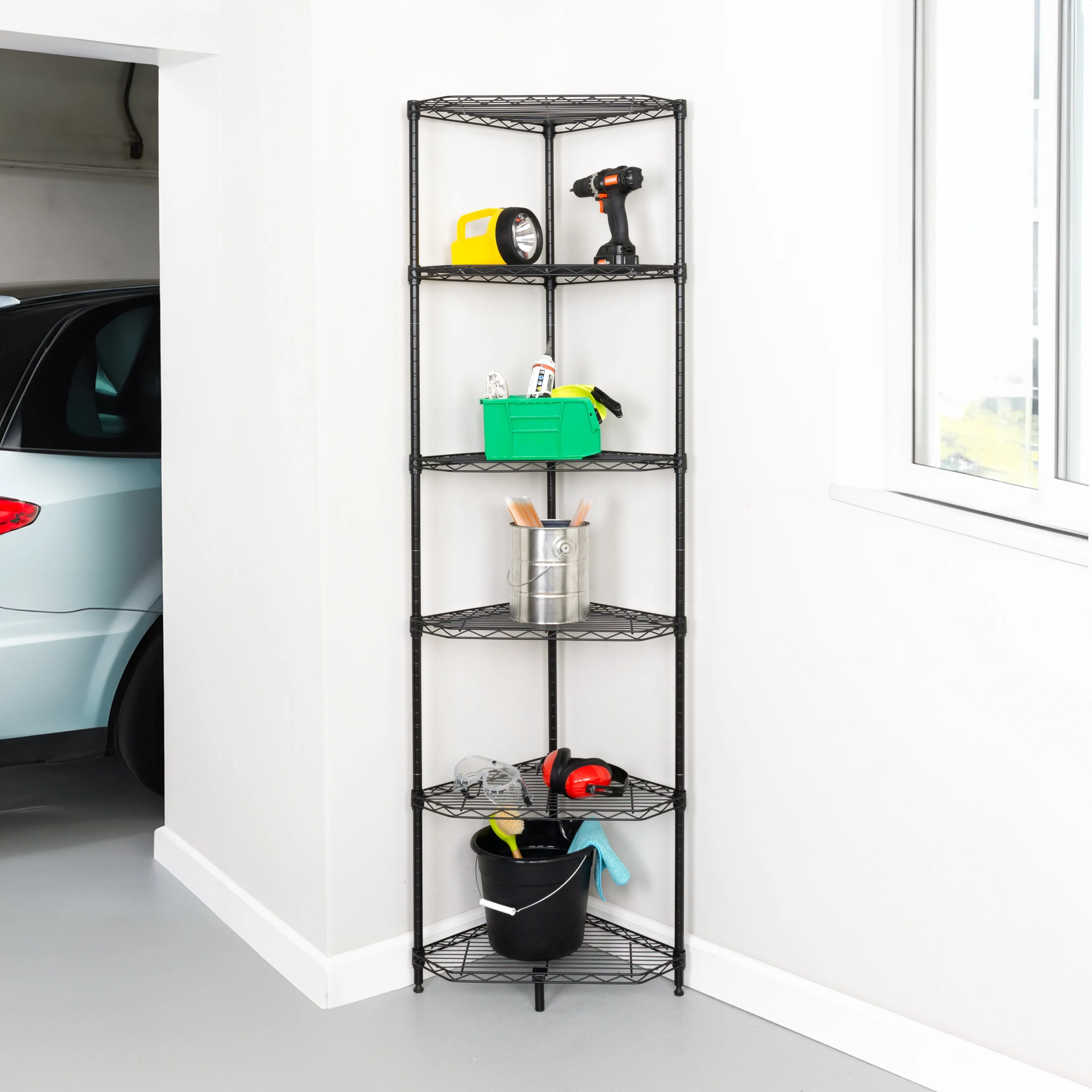 Black 6-Tier Compact Triangle Corner Shelving Unit