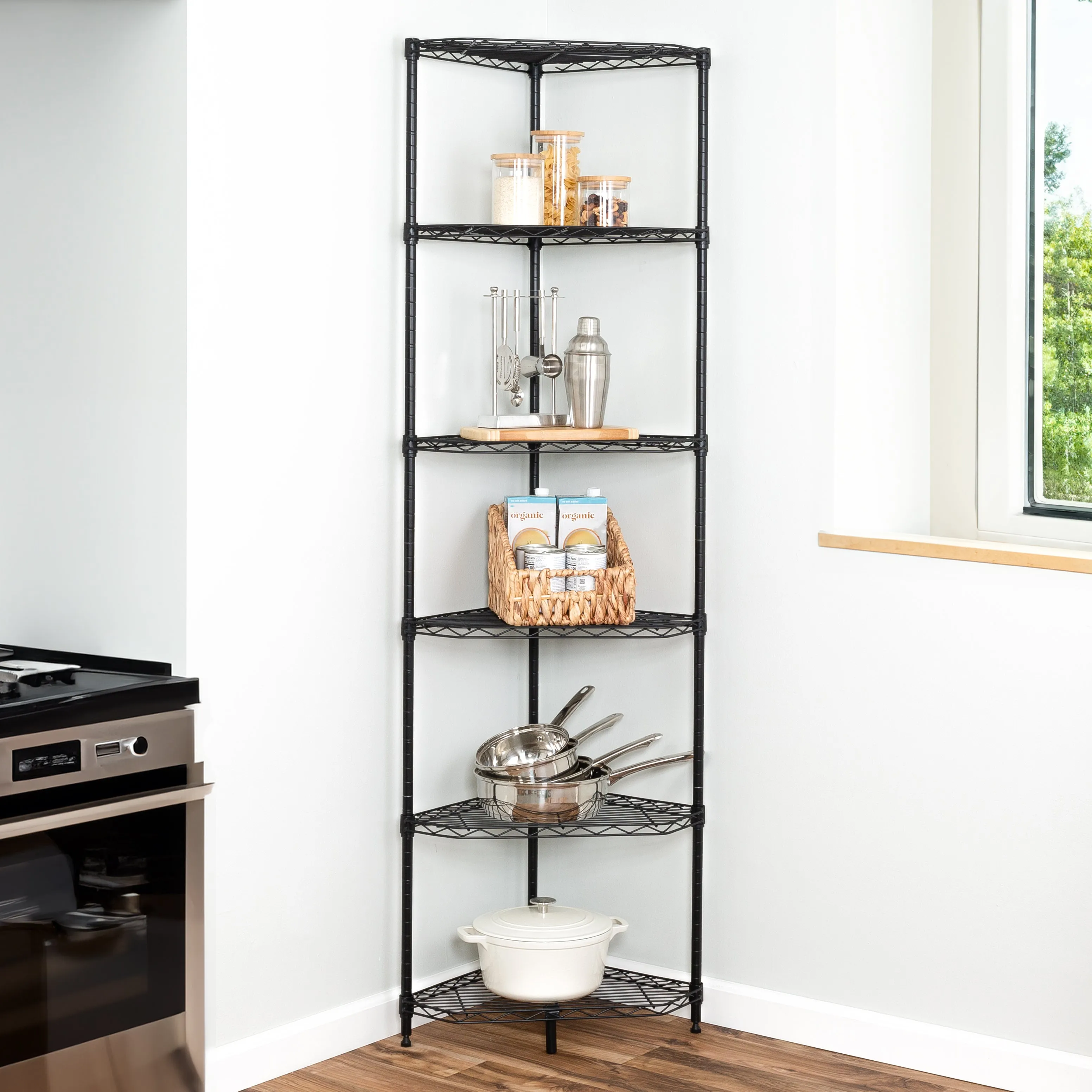 Black 6-Tier Compact Triangle Corner Shelving Unit