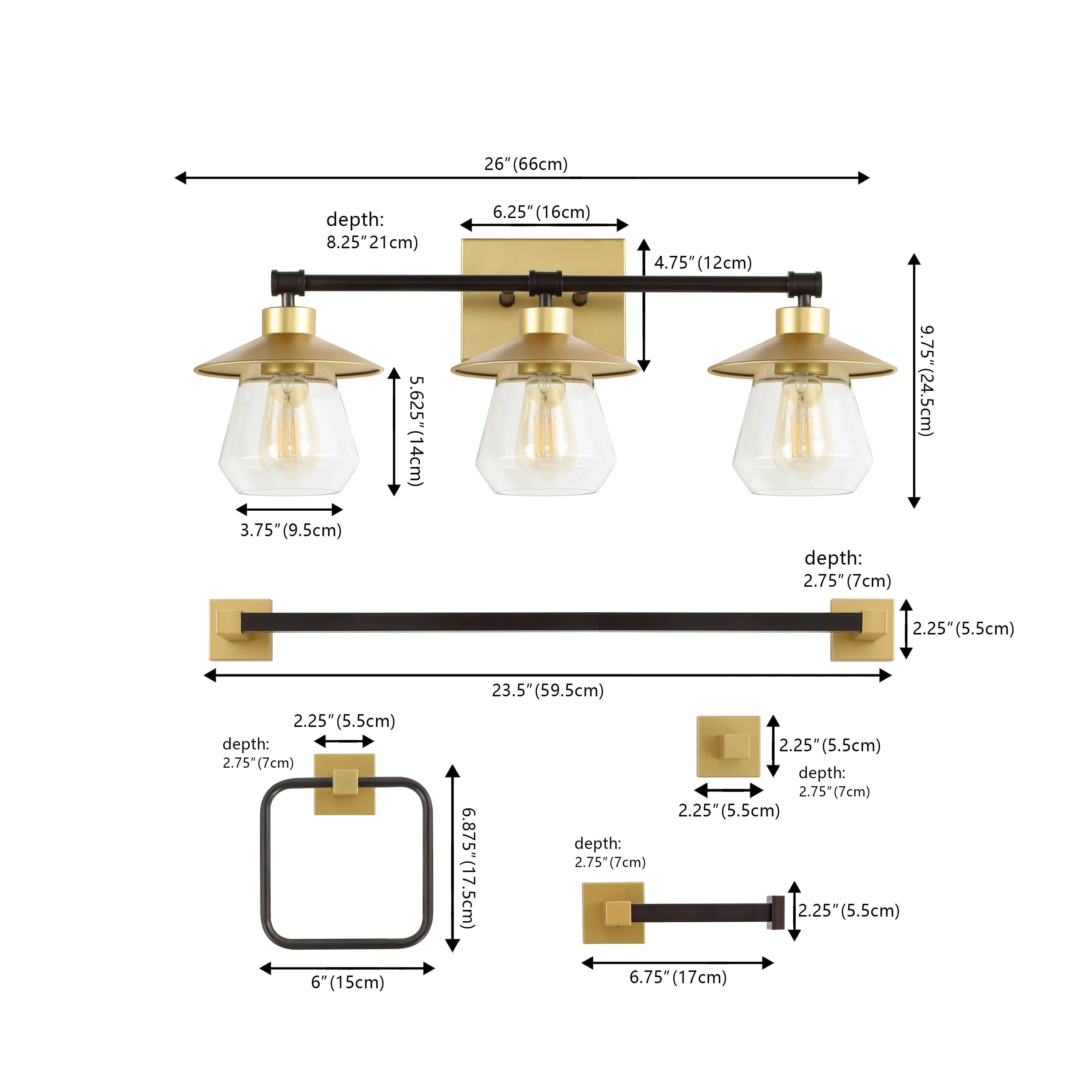 Clayton 26" 3-Light Farmhouse Cottage Vanity Light with Bathroom Hardware Accessory Set