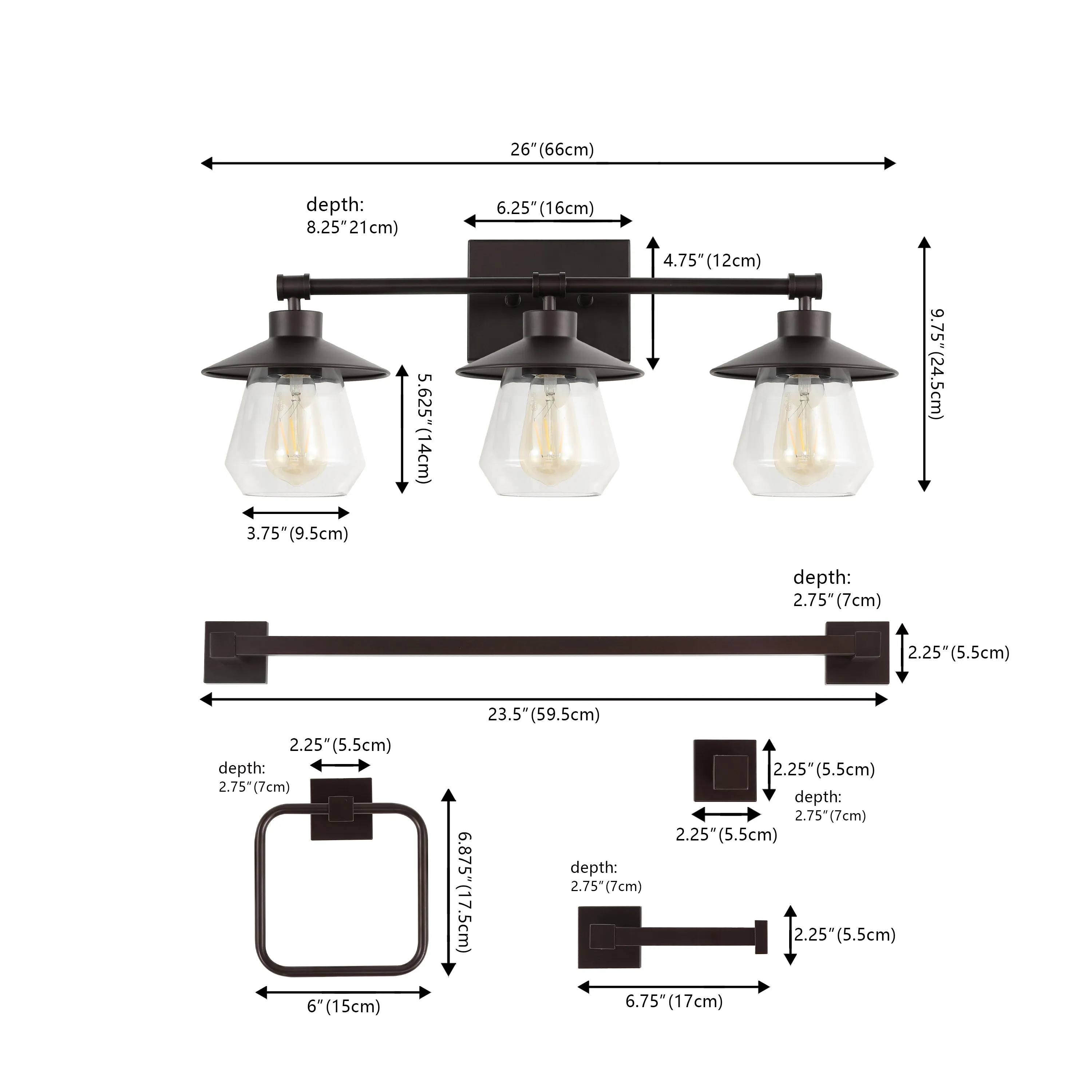 Clayton 26" 3-Light Farmhouse Cottage Vanity Light with Bathroom Hardware Accessory Set