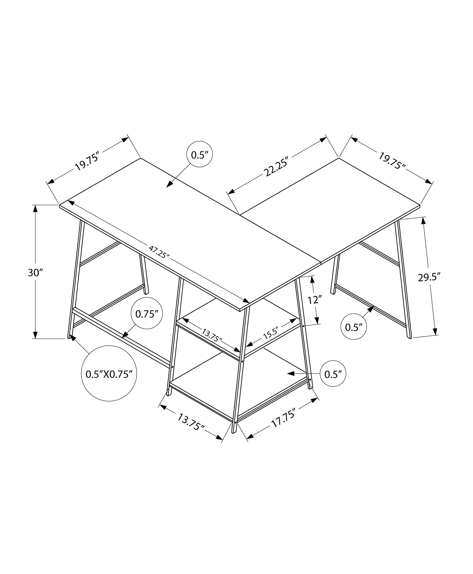 Computer Desk - 48"L / Black Marble / Black Metal Corner