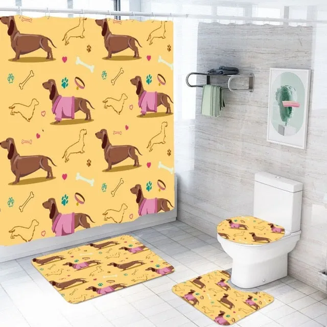 Cute Dog Bathroom Rug & Shower Curtain Sets (Set of 3 & Set of 4)