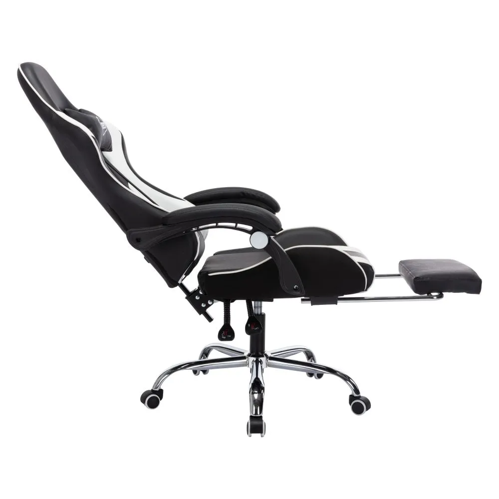 Neo White/Black Leather Gaming Chair with Massage Function & Footrest