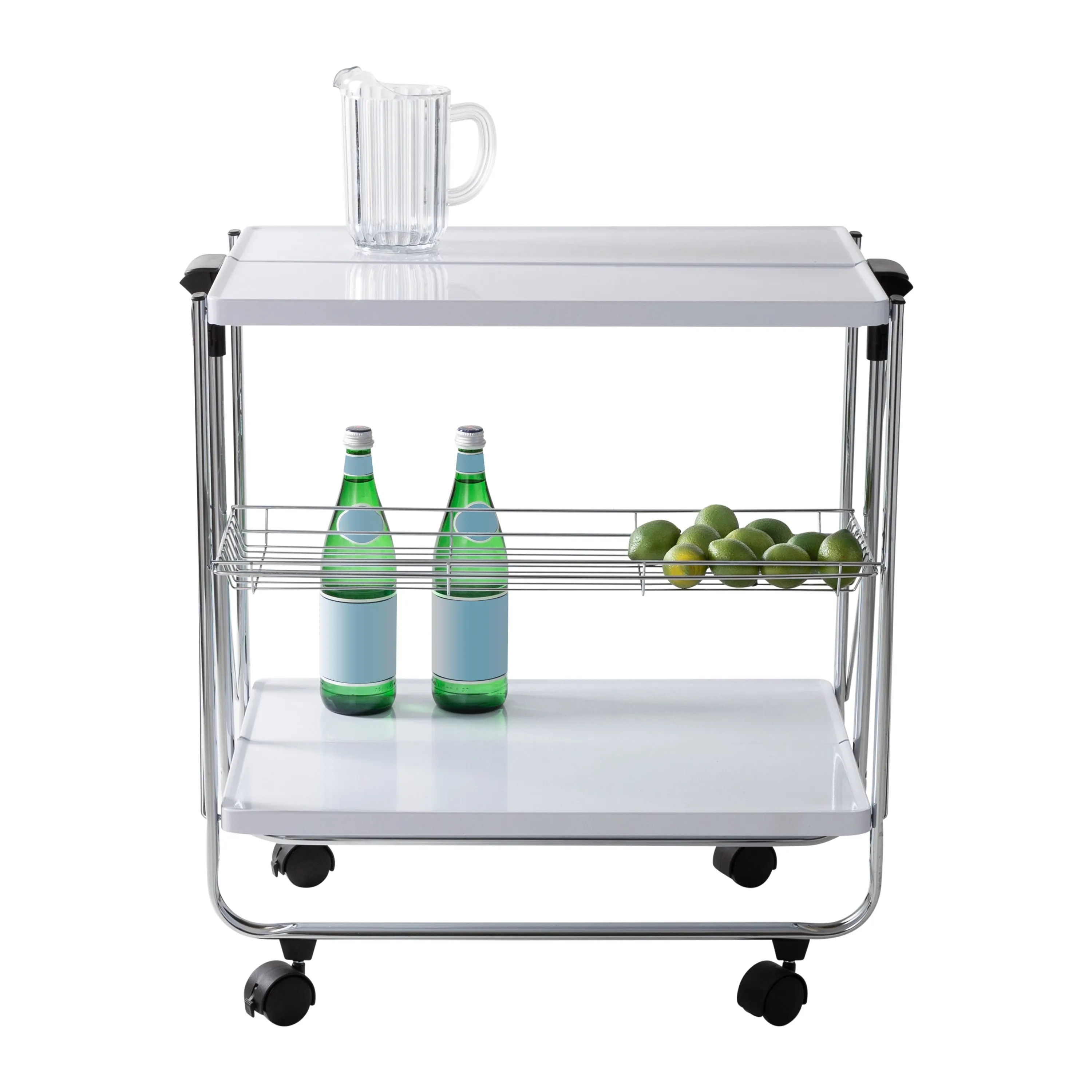 White/Chrome Folding Kitchen Cart with Metal Basket